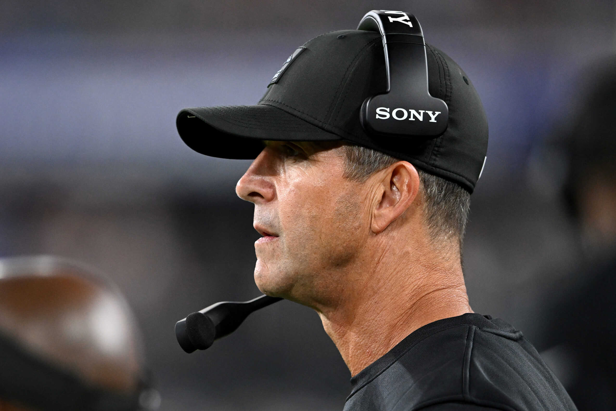 BALTIMORE, MARYLAND - SEPTEMBER 22: Head coach John Harbaugh of the Baltimore Ravens looks on against the Detroit Lions during the second quarter at M&T Bank Stadium on September 22, 2025 in Baltimore, Maryland.