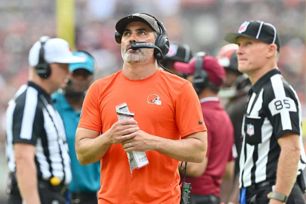 CLEVELAND, OHIO - SEPTEMBER 21: Head coach Kevin Stefanski of the Cleveland Browns looks on against the Green Bay Packers at Huntington Bank Field on September 21, 2025 in Cleveland, Ohio.