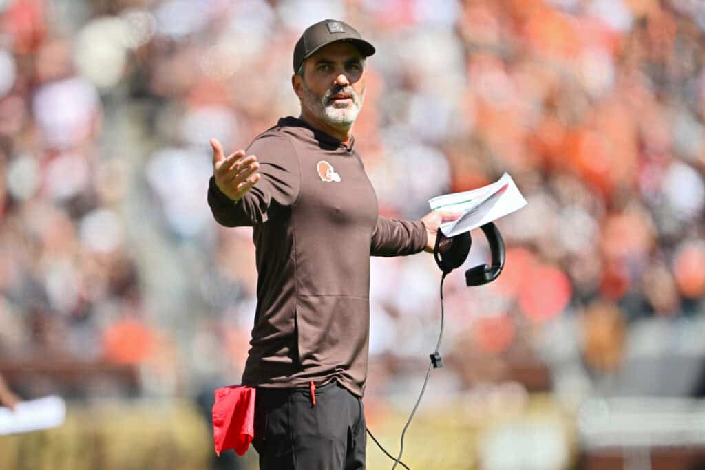 CLEVELAND, OHIO - SEPTEMBER 07: Head coach Kevin Stefanski of the Cleveland Browns reacts during the second quarter against the Cincinnati Bengals during the game at Huntington Bank Field on September 07, 2025 in Cleveland, Ohio.