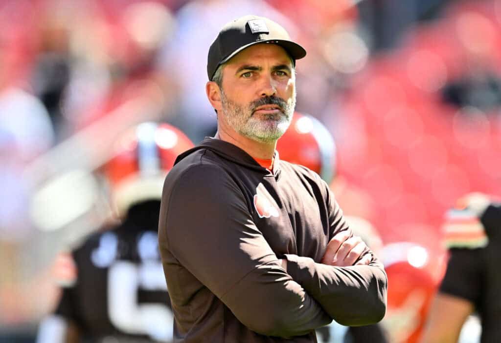 CLEVELAND, OHIO - SEPTEMBER 07: Head coach Kevin Stefanski of the Cleveland Browns looks on during warm ups prior to the game against the Cincinnati Bengals during the game at Huntington Bank Field on September 07, 2025 in Cleveland, Ohio.