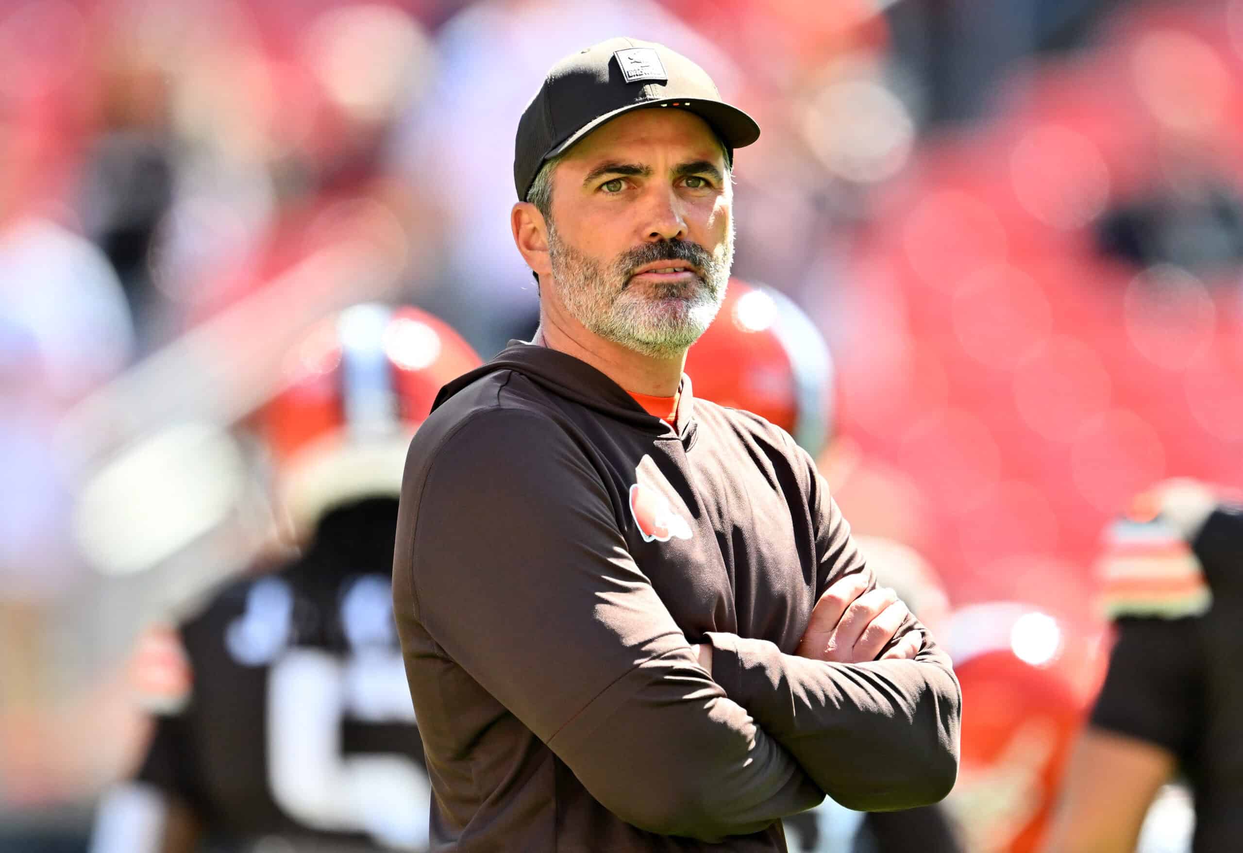 CLEVELAND, OHIO - SEPTEMBER 07: Head coach Kevin Stefanski of the Cleveland Browns looks on during warm ups prior to the game against the Cincinnati Bengals during the game at Huntington Bank Field on September 07, 2025 in Cleveland, Ohio.