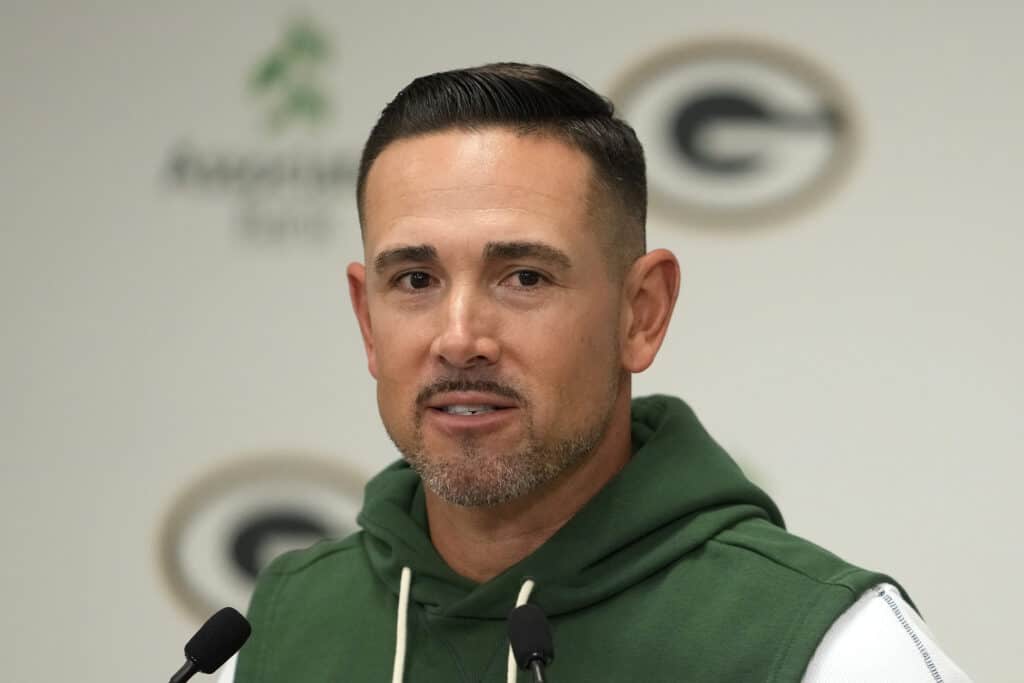 GREEN BAY, WISCONSIN - SEPTEMBER 07: Head coach Matt LaFleur of the Green Bay Packers speaks to the media after the game against the Detroit Lions at Lambeau Field on September 07, 2025 in Green Bay, Wisconsin.