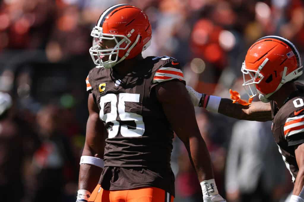 CLEVELAND, OHIO - SEPTEMBER 07: Myles Garrett #95 of the Cleveland Browns plays against the Cincinnati Bengals at Huntington Bank Field on September 07, 2025 in Cleveland, Ohio.