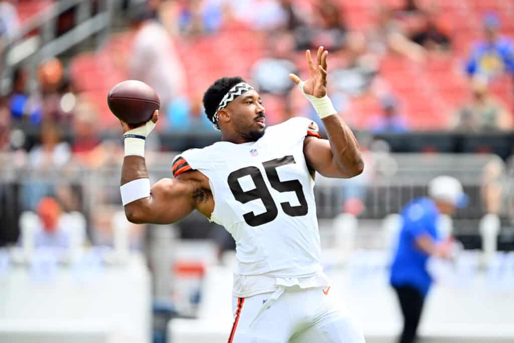 CLEVELAND, OHIO - AUGUST 23: Defensive end Myles Garrett #95 of the Cleveland Browns warms up before an NFL Preseason 2025 game against the Los Angeles Rams at Huntington Bank Field on August 23, 2025 in Cleveland, Ohio.