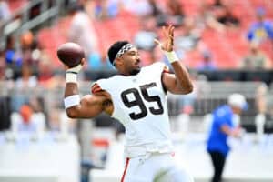 CLEVELAND, OHIO - AUGUST 23: Defensive end Myles Garrett #95 of the Cleveland Browns warms up before an NFL Preseason 2025 game against the Los Angeles Rams at Huntington Bank Field on August 23, 2025 in Cleveland, Ohio.