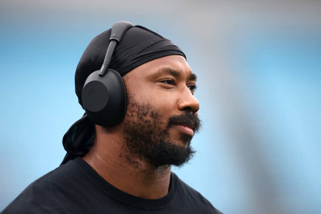 CHARLOTTE, NORTH CAROLINA - AUGUST 08: Defensive end Myles Garrett #95 of the Cleveland Browns looks on prior to the NFL Preseason 2025 game against the Carolina Panthers at Bank of America Stadium on August 08, 2025 in Charlotte, North Carolina.