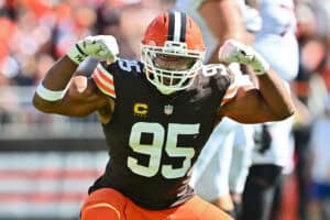 CLEVELAND, OHIO - SEPTEMBER 07: Myles Garrett #95 of the Cleveland Browns celebrates after a sack during the fourth quarter against the Cincinnati Bengals during the game at Huntington Bank Field on September 07, 2025 in Cleveland, Ohio.