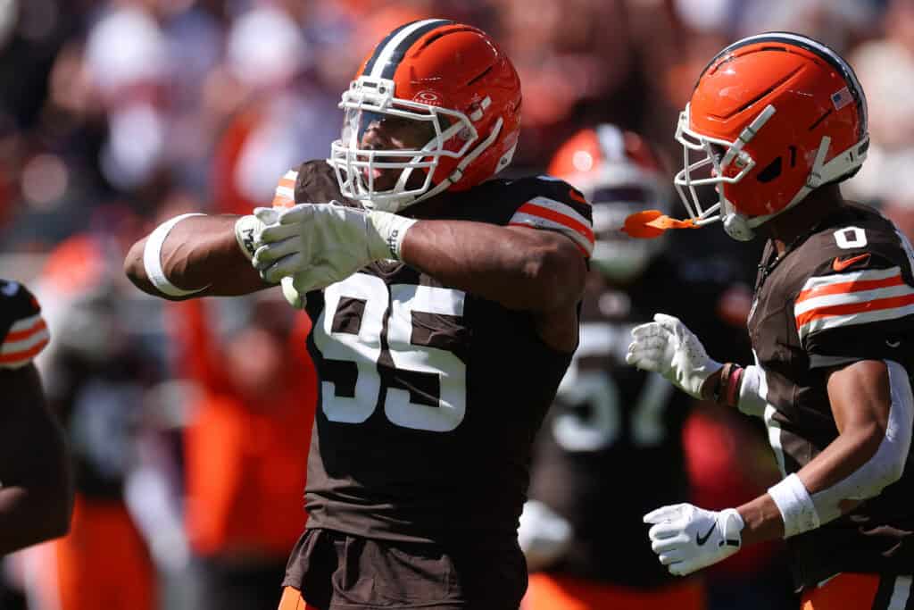 CLEVELAND, OHIO - SEPTEMBER 07: Myles Garrett #95 of the Cleveland Browns plays against the Cincinnati Bengals at Huntington Bank Field on September 07, 2025 in Cleveland, Ohio.