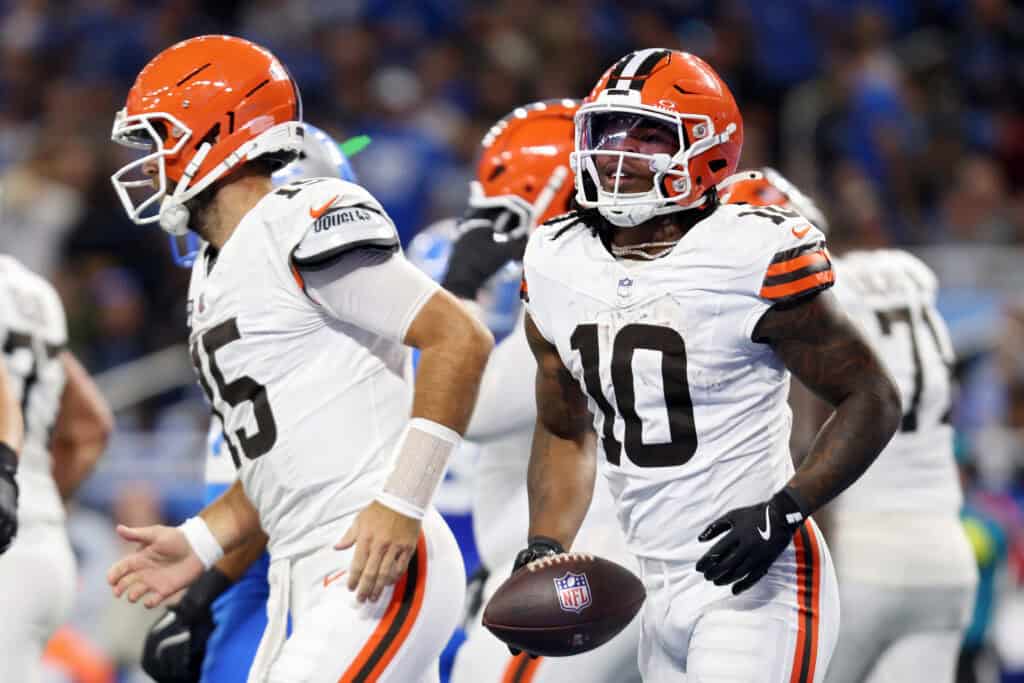 DETROIT, MICHIGAN - SEPTEMBER 28: Quinshon Judkins #10 of the Cleveland Browns celebrates a touchdown with teammates during the first quarter against the Detroit Lions at Ford Field on September 28, 2025 in Detroit, Michigan.