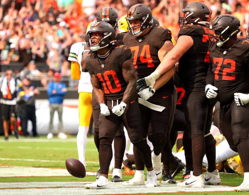 CLEVELAND, OHIO - SEPTEMBER 21: Quinshon Judkins #10 of the Cleveland Browns celebrates with teammates after scoring a touchdown against the Green Bay Packers during the fourth quarter at Huntington Bank Field on September 21, 2025 in Cleveland, Ohio.