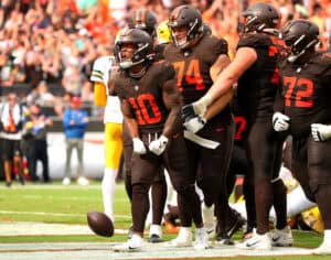 CLEVELAND, OHIO - SEPTEMBER 21: Quinshon Judkins #10 of the Cleveland Browns celebrates with teammates after scoring a touchdown against the Green Bay Packers during the fourth quarter at Huntington Bank Field on September 21, 2025 in Cleveland, Ohio.