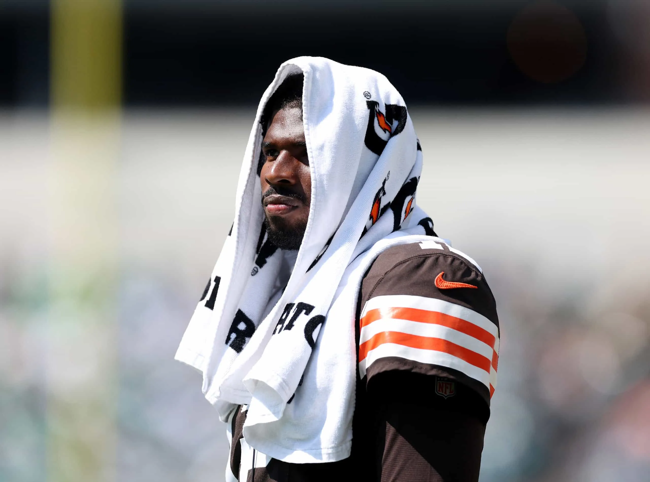 PHILADELPHIA, PENNSYLVANIA - AUGUST 16: Shedeur Sanders #12 of the Cleveland Browns looks on from the sideline in the second half during the NFL Preseason 2025 game between Cleveland Browns and Philadelphia Eagles at Lincoln Financial Field on August 16, 2025 in Philadelphia, Pennsylvania. The Cleveland Browns defeated the Philadelphia Eagles 22-13.