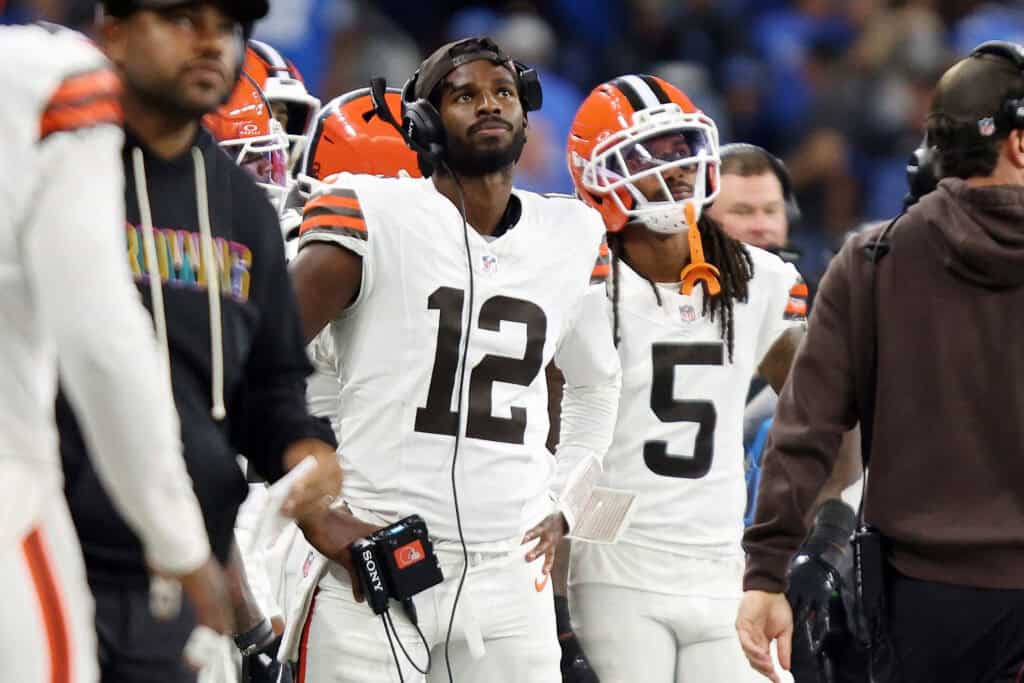 DETROIT, MICHIGAN - SEPTEMBER 28: Shedeur Sanders #12 of the Cleveland Browns looks on against the Detroit Lions during the fourth quarter at Ford Field on September 28, 2025 in Detroit, Michigan.