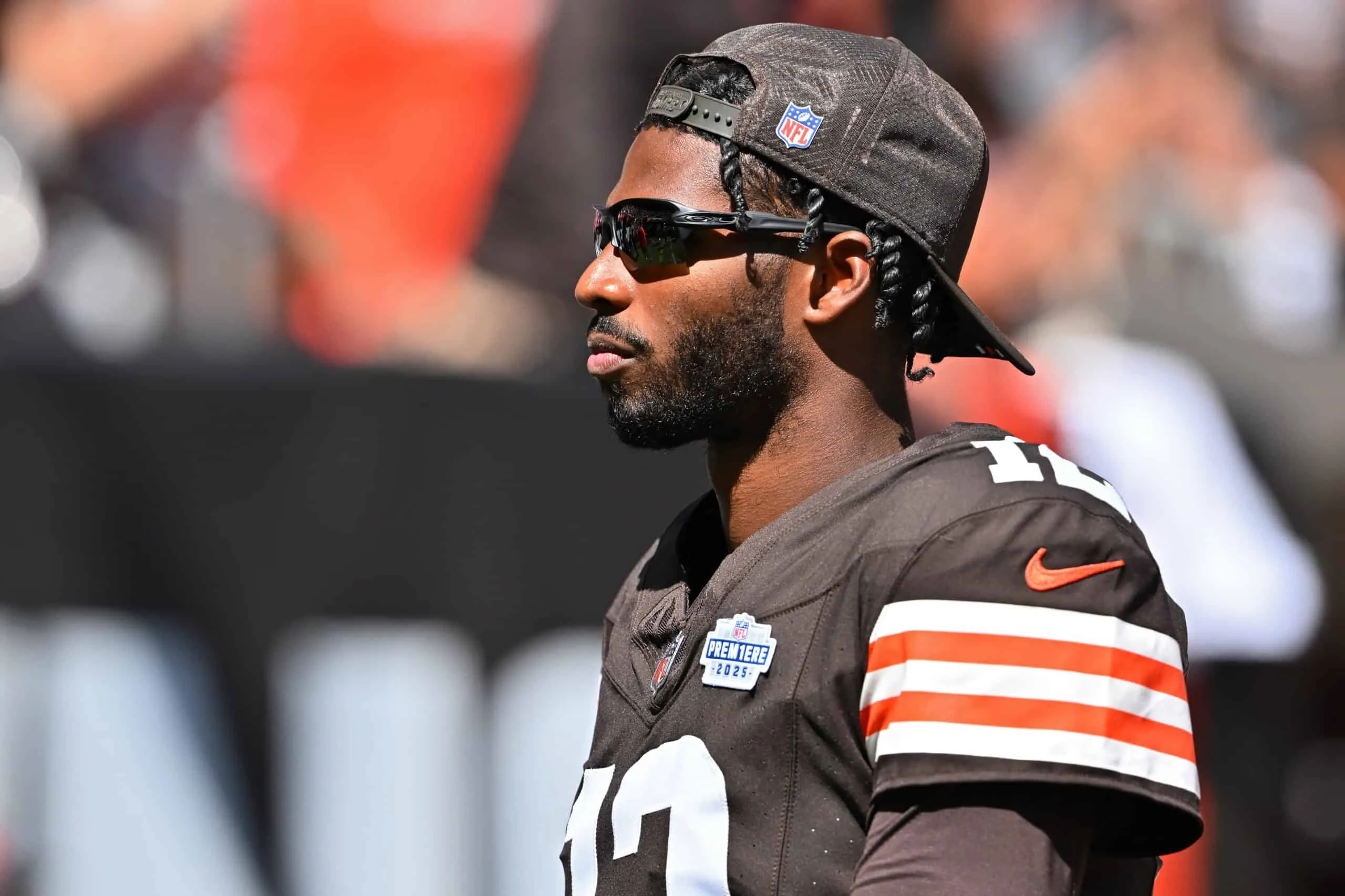 CLEVELAND, OHIO - SEPTEMBER 07: Shedeur Sanders #12 of the Cleveland Browns walks off the field after the first half against the Cincinnati Bengals during the game at Huntington Bank Field on September 07, 2025 in Cleveland, Ohio.