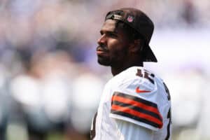 BALTIMORE, MARYLAND - SEPTEMBER 14: Shedeur Sanders #12 of the Cleveland Browns looks on prior to a game against the Baltimore Ravens at M&T Bank Stadium on September 14, 2025 in Baltimore, Maryland.