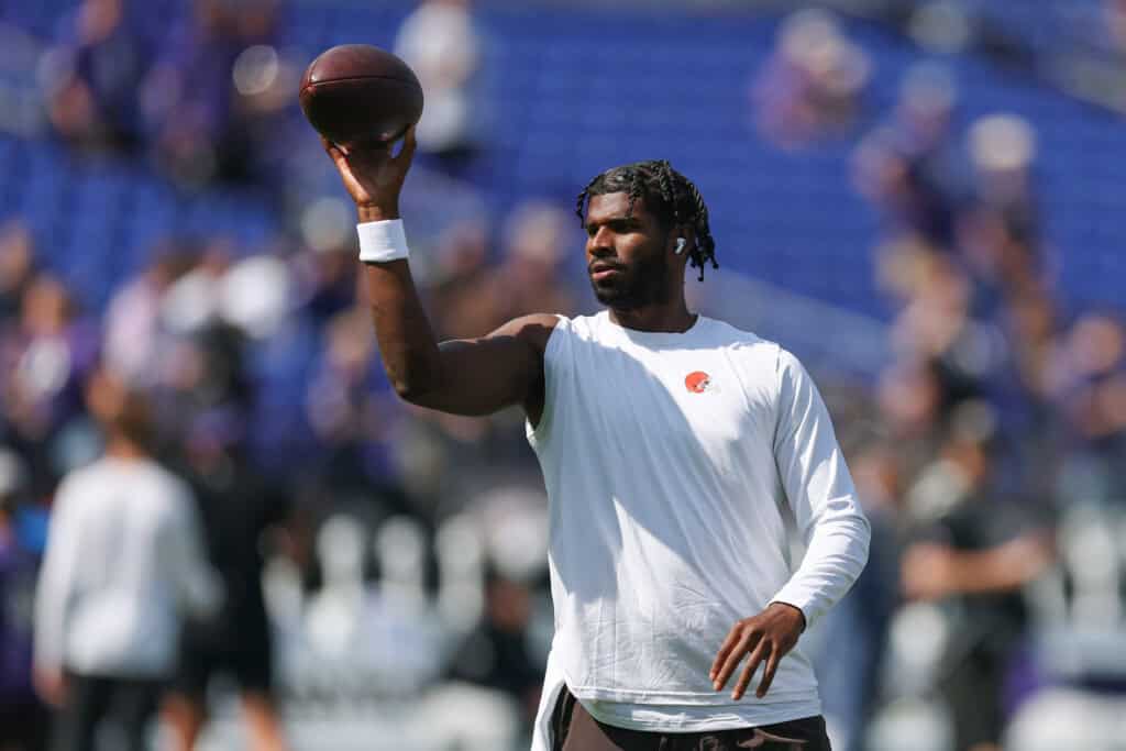BALTIMORE, MARYLAND - SEPTEMBER 14: Shedeur Sanders #12 of the Cleveland Browns warms up prior to a game against the Baltimore Ravens at M&T Bank Stadium on September 14, 2025 in Baltimore, Maryland.