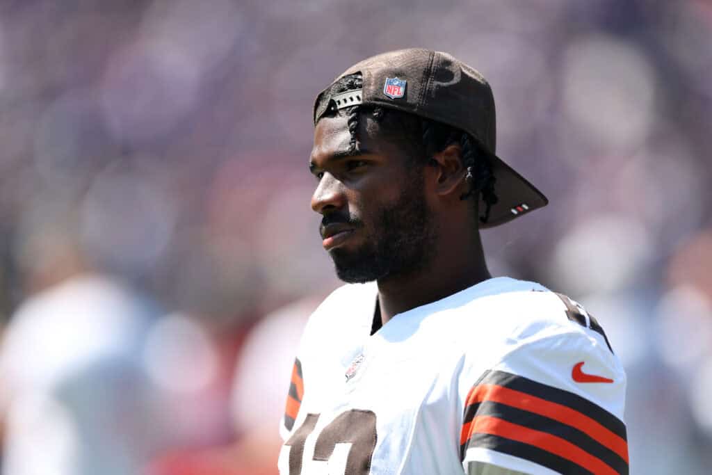 BALTIMORE, MARYLAND - SEPTEMBER 14: Quarterback Shedeur Sanders #12 of the Cleveland Browns looks on during the Browns and Baltimore Ravens game at M&T Bank Stadium on September 14, 2025 in Baltimore, Maryland.
