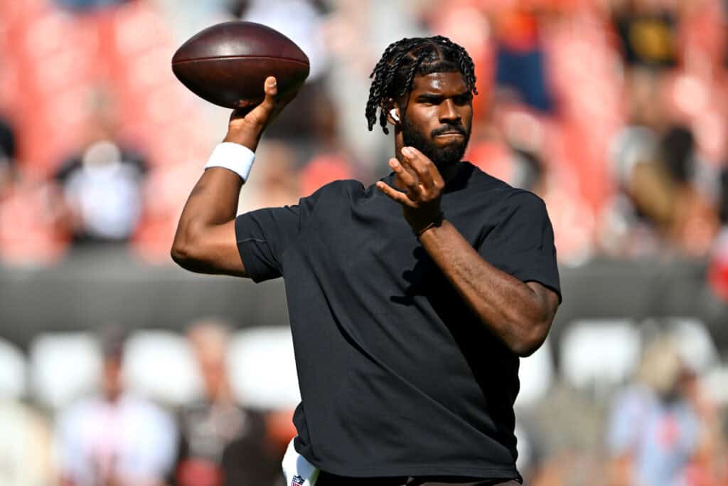 CLEVELAND, OHIO - SEPTEMBER 21: Shedeur Sanders #12 of the Cleveland Browns warms up before the game against the Green Bay Packers at Huntington Bank Field on September 21, 2025 in Cleveland, Ohio.