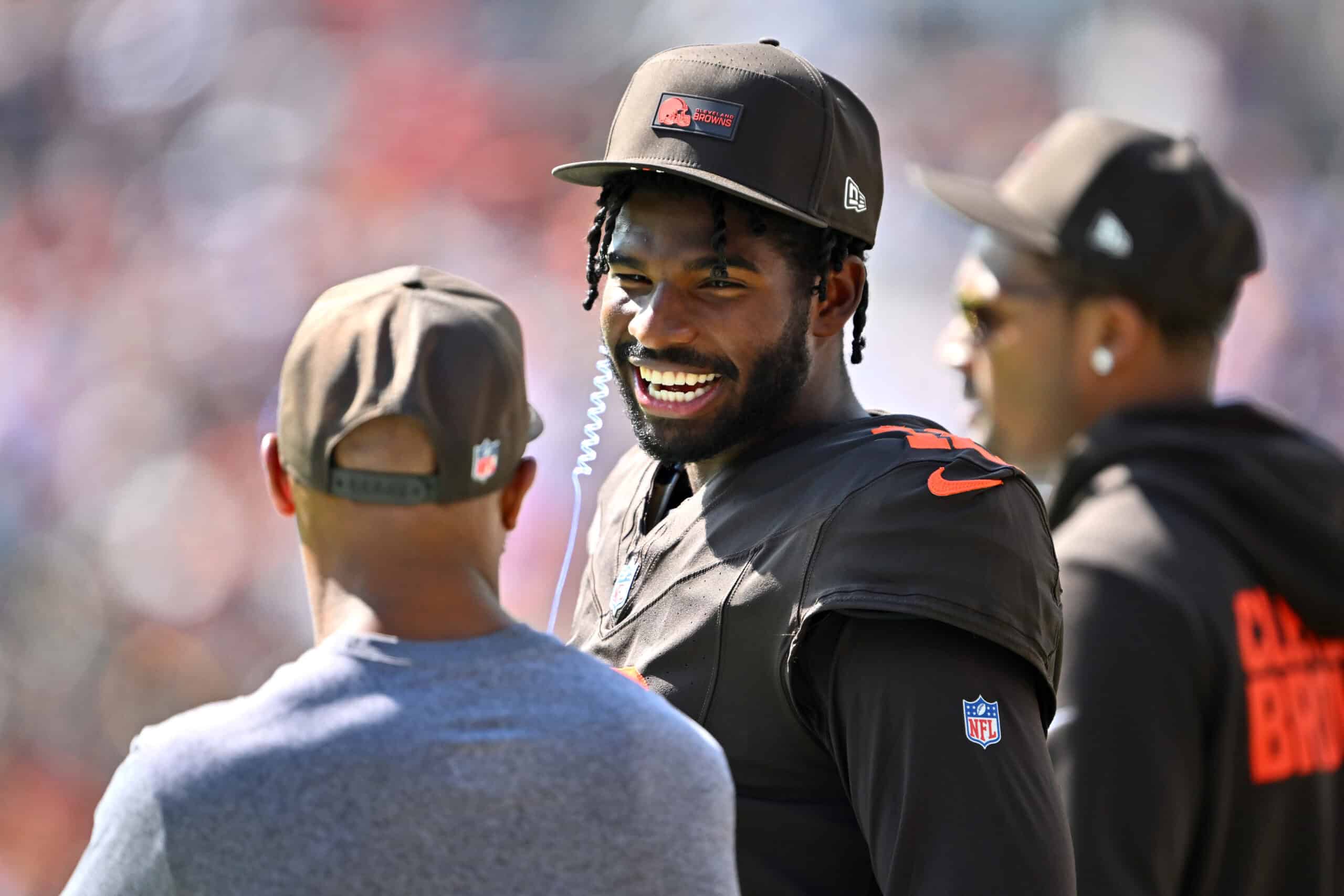 CLEVELAND, OHIO - SEPTEMBER 21: Shedeur Sanders #12 of the Cleveland Browns looks on during the first quarter against the Green Bay Packers at Huntington Bank Field on September 21, 2025 in Cleveland, Ohio.