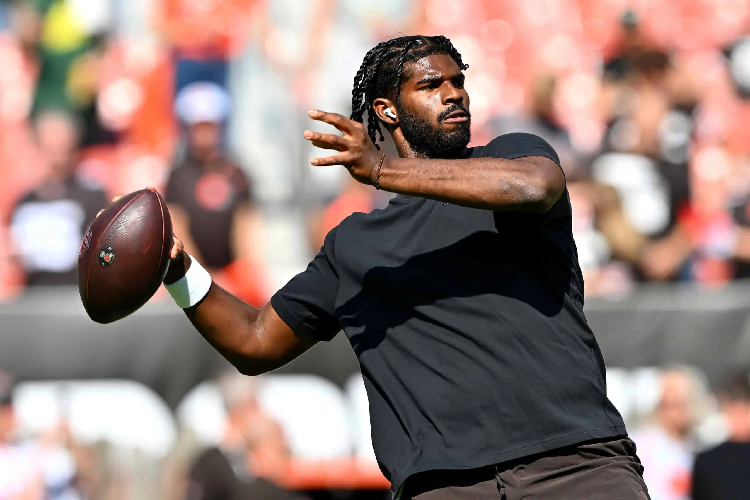 CLEVELAND, OHIO - SEPTEMBER 21: Shedeur Sanders #12 of the Cleveland Browns warms up before the game against the Green Bay Packers at Huntington Bank Field on September 21, 2025 in Cleveland, Ohio.