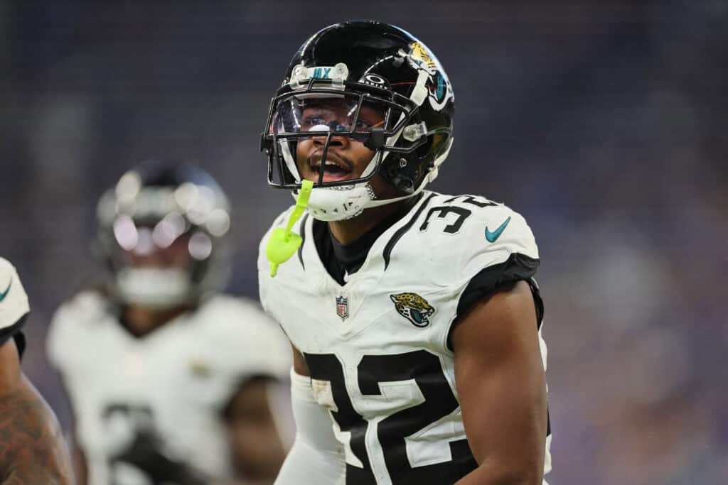 INDIANAPOLIS, INDIANA - SEPTEMBER 10: Tyson Campbell #32 of the Jacksonville Jaguars celebrates against the Indianapolis Colts at Lucas Oil Stadium on September 10, 2023 in Indianapolis, Indiana.