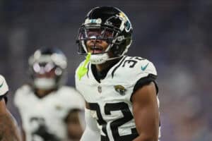 INDIANAPOLIS, INDIANA - SEPTEMBER 10: Tyson Campbell #32 of the Jacksonville Jaguars celebrates against the Indianapolis Colts at Lucas Oil Stadium on September 10, 2023 in Indianapolis, Indiana.