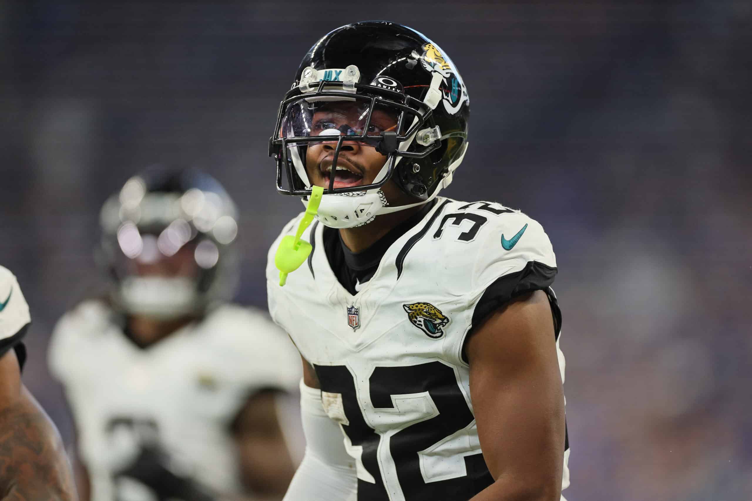 INDIANAPOLIS, INDIANA - SEPTEMBER 10: Tyson Campbell #32 of the Jacksonville Jaguars celebrates against the Indianapolis Colts at Lucas Oil Stadium on September 10, 2023 in Indianapolis, Indiana.