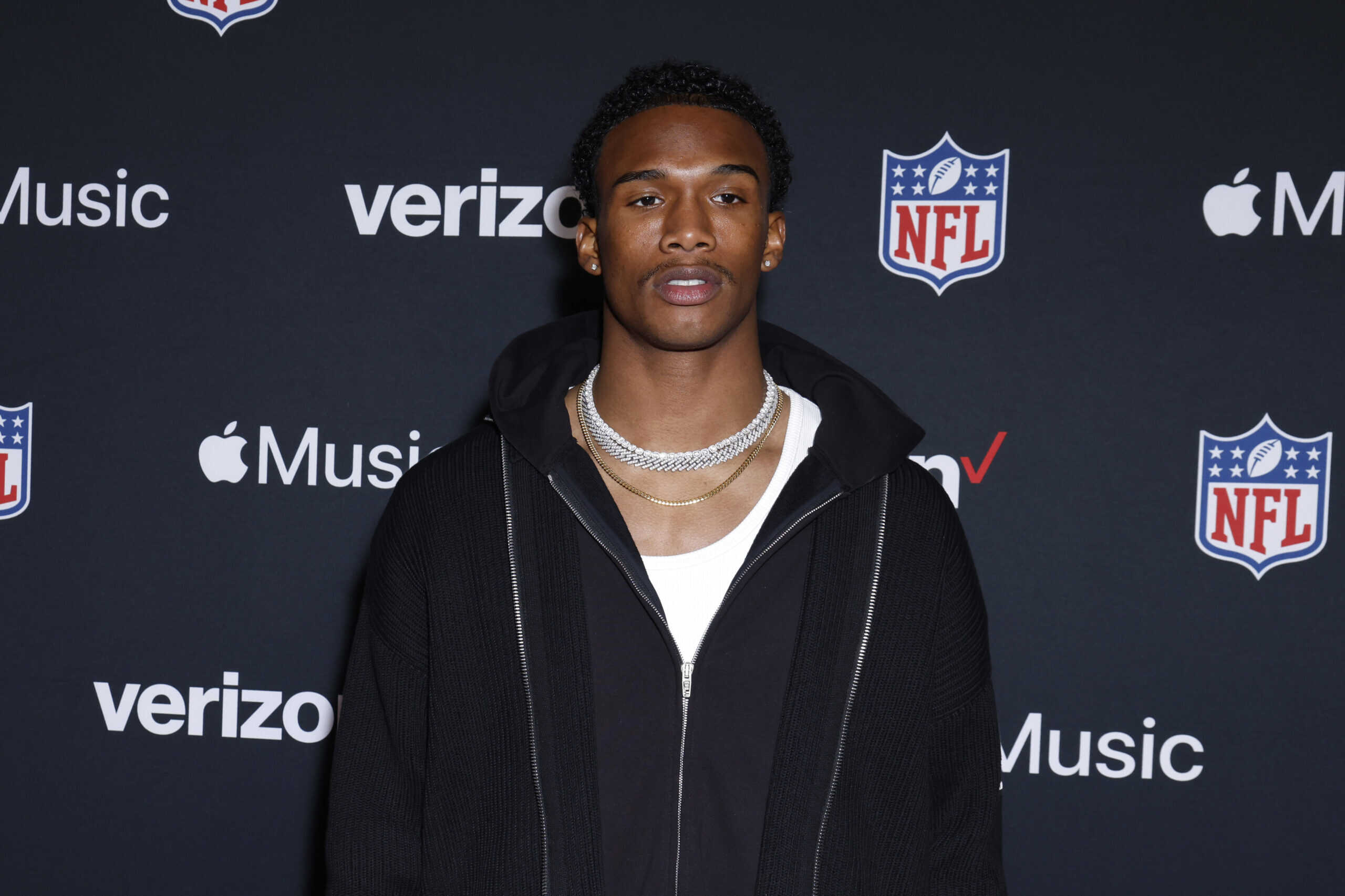 LAS VEGAS, NEVADA - FEBRUARY 10: Garrett Wilson attends Verizon’s “Run the Playlist Live” at Super Bowl LVIII on February 10, 2024 in Las Vegas, Nevada.