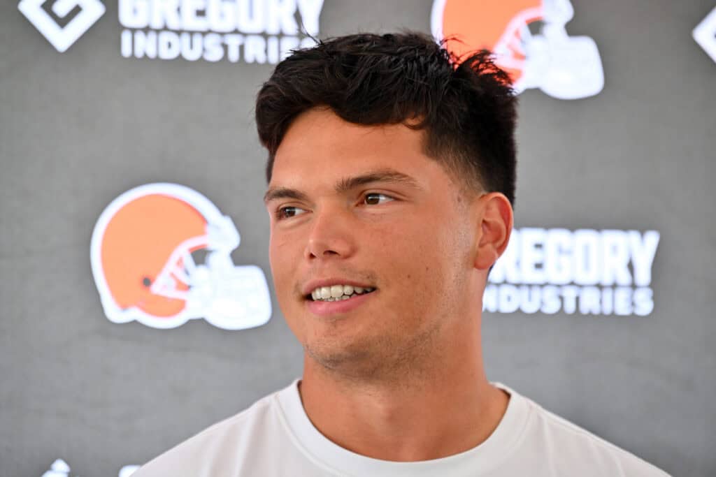 BEREA, OHIO - JULY 25: Quarterback Dillon Gabriel #5 of the Cleveland Browns talks to reporters during training camp at CrossCountry Mortgage Campus on July 25, 2025 in Berea, Ohio.