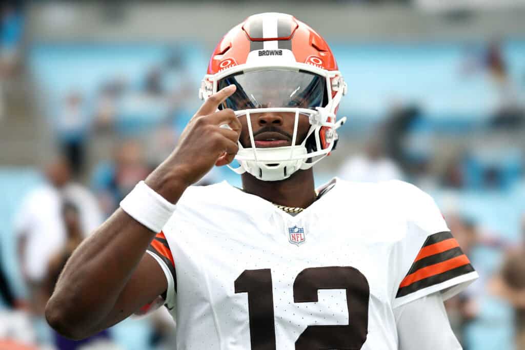 CHARLOTTE, NORTH CAROLINA - AUGUST 08: Quarterback Shedeur Sanders #12 of the Cleveland Browns walks out the tunnel prior to the NFL Preseason 2025 game against the Carolina Panthers at Bank of America Stadium on August 08, 2025 in Charlotte, North Carolina