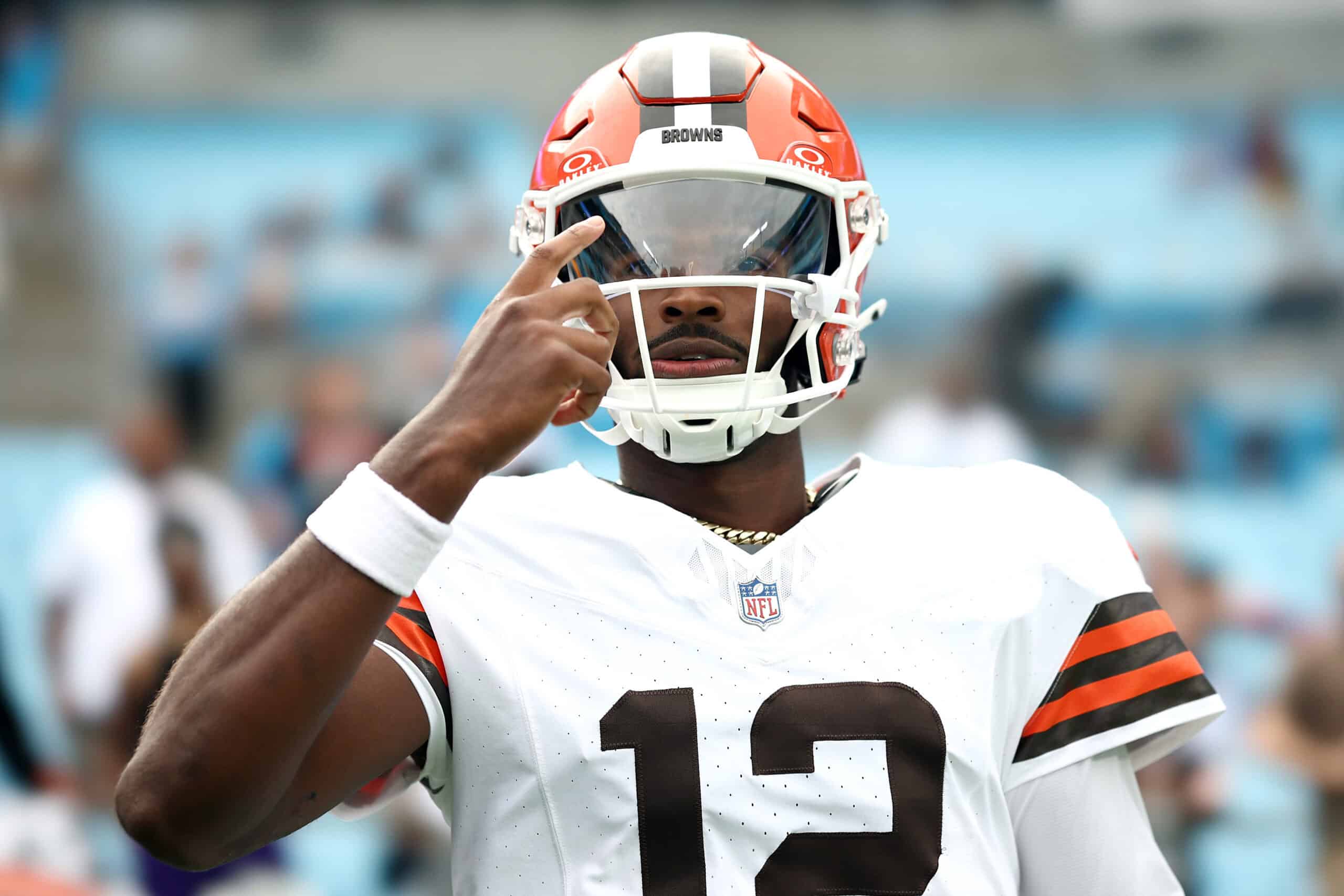 CHARLOTTE, NORTH CAROLINA - AUGUST 08: Quarterback Shedeur Sanders #12 of the Cleveland Browns walks out the tunnel prior to the NFL Preseason 2025 game against the Carolina Panthers at Bank of America Stadium on August 08, 2025 in Charlotte, North Carolina
