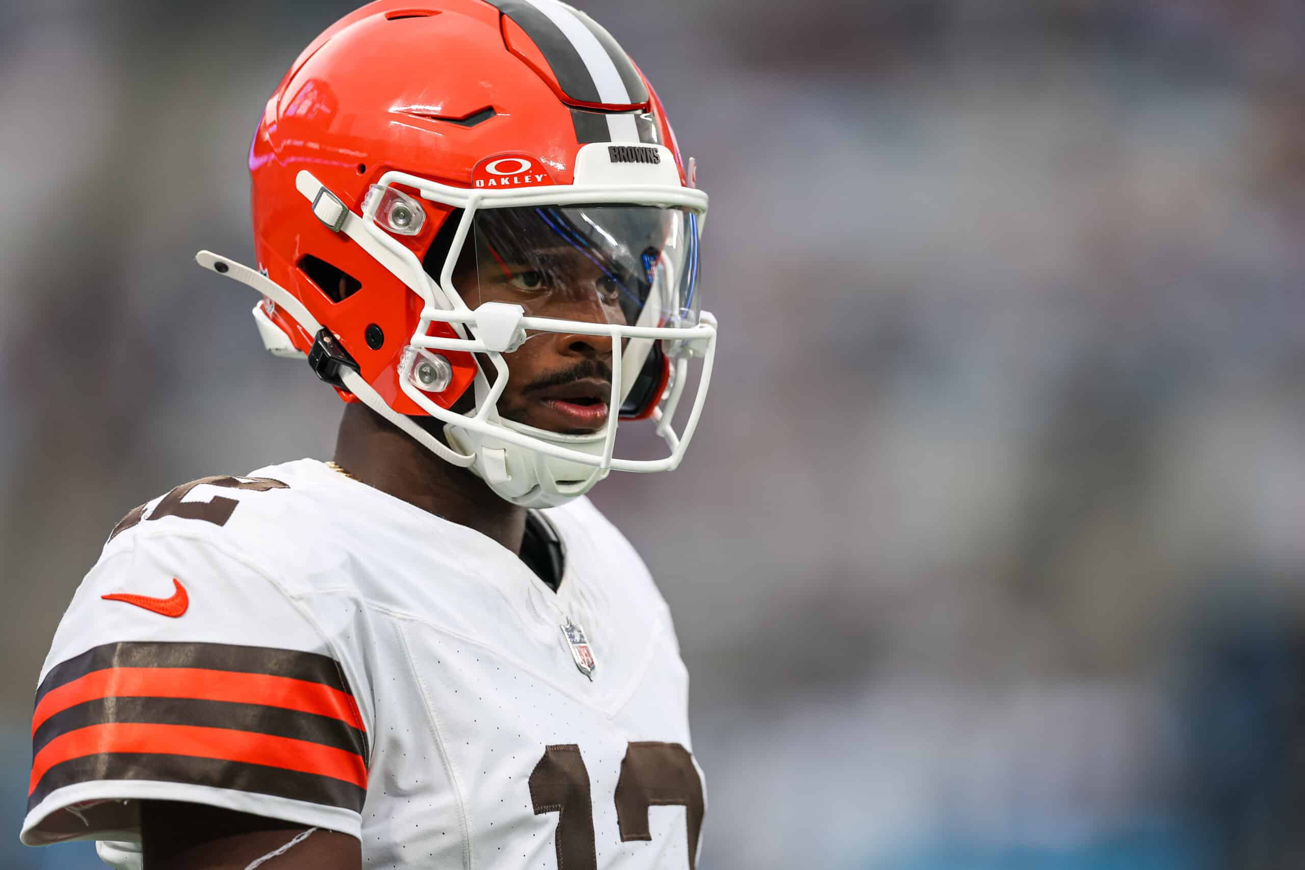 CHARLOTTE, NORTH CAROLINA - AUGUST 08: Shedeur Sanders #12 of the Cleveland Browns looks on during the first half of an NFL Preseason 2025 game against the Carolina Panthers at Bank of America Stadium on August 08, 2025 in Charlotte, North Carolina.