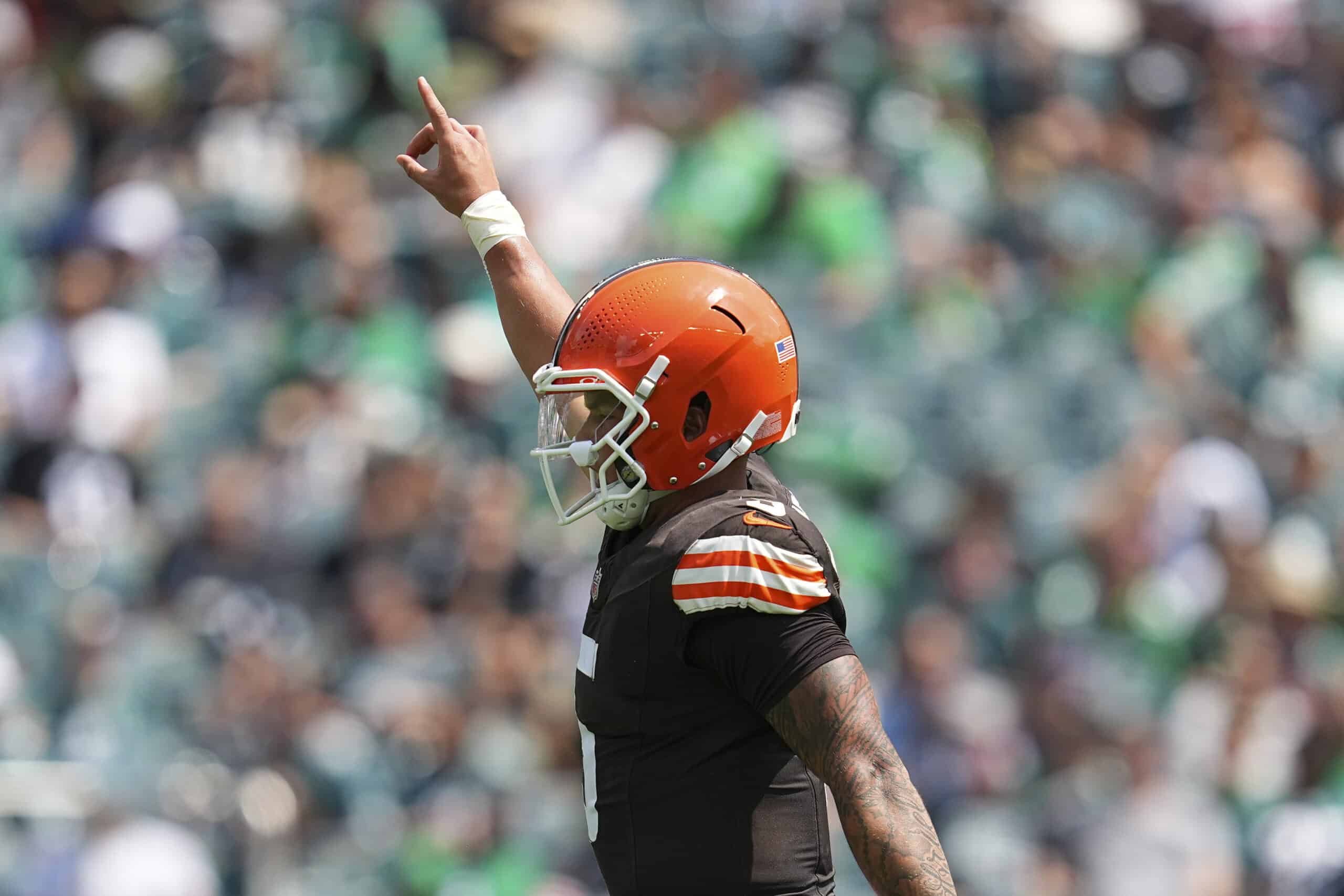 PHILADELPHIA, PENNSYLVANIA - AUGUST 16: Dillon Gabriel #5 of the Cleveland Browns reacts after a touchdown against the Philadelphia Eagles in the first half of the NFL Preseason 2025 game at Lincoln Financial Field on August 16, 2025 in Philadelphia, Pennsylvania.