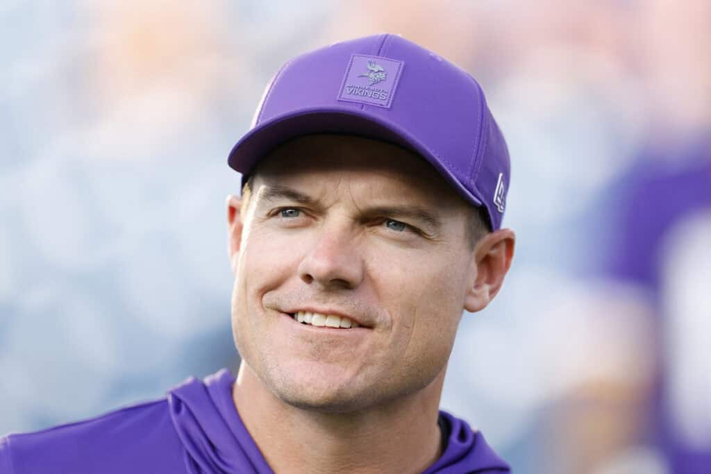 NASHVILLE, TENNESSEE - AUGUST 22: Head Coach Kevin O'Connell of the Minnesota Vikings looks on prior to the NFL Preseason 2025 game against the Tennessee Titans at Nissan Stadium on August 22, 2025 in Nashville, Tennessee.