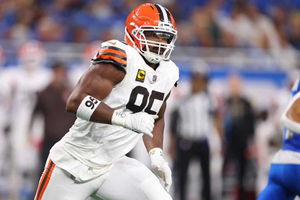 DETROIT, MICHIGAN - SEPTEMBER 28: Myles Garrett #95 of the Cleveland Browns plays against the Detroit Lions at Ford Field on September 28, 2025 in Detroit, Michigan.