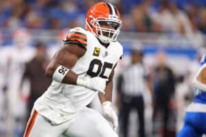 DETROIT, MICHIGAN - SEPTEMBER 28: Myles Garrett #95 of the Cleveland Browns plays against the Detroit Lions at Ford Field on September 28, 2025 in Detroit, Michigan.