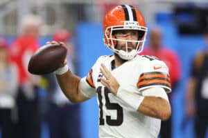 DETROIT, MICHIGAN - SEPTEMBER 28: Joe Flacco #15 of the Cleveland Browns plays against the Detroit Lions at Ford Field on September 28, 2025 in Detroit, Michigan.