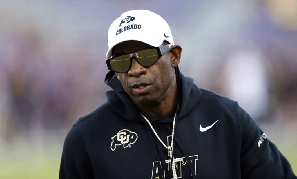 FORT WORTH, TEXAS - OCTOBER 04: Head coach Deion Sanders of the Colorado Buffaloes looks on before the game against TCU Horned Frogs at Amon G. Carter Stadium on October 4, 2025 in Fort Worth, Texas