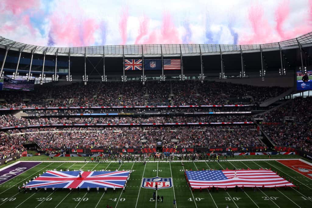 LONDON, ENGLAND - OCTOBER 05: Flags of the United Kingdom and United States of America are displayed during the national anthems prior to the NFL 2025 game between Minnesota Vikings and Cleveland Browns at Tottenham Hotspur Stadium on October 05, 2025 in London, England.""