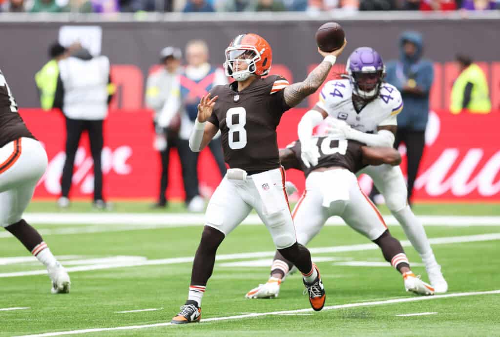 LONDON, ENGLAND - OCTOBER 05: Dillon Gabriel of the Cleveland Browns throws the ball during the third quarter in the NFL 2025 game between Minnesota Vikings and Cleveland Browns at Tottenham Hotspur Stadium on October 05, 2025 in London, England.""