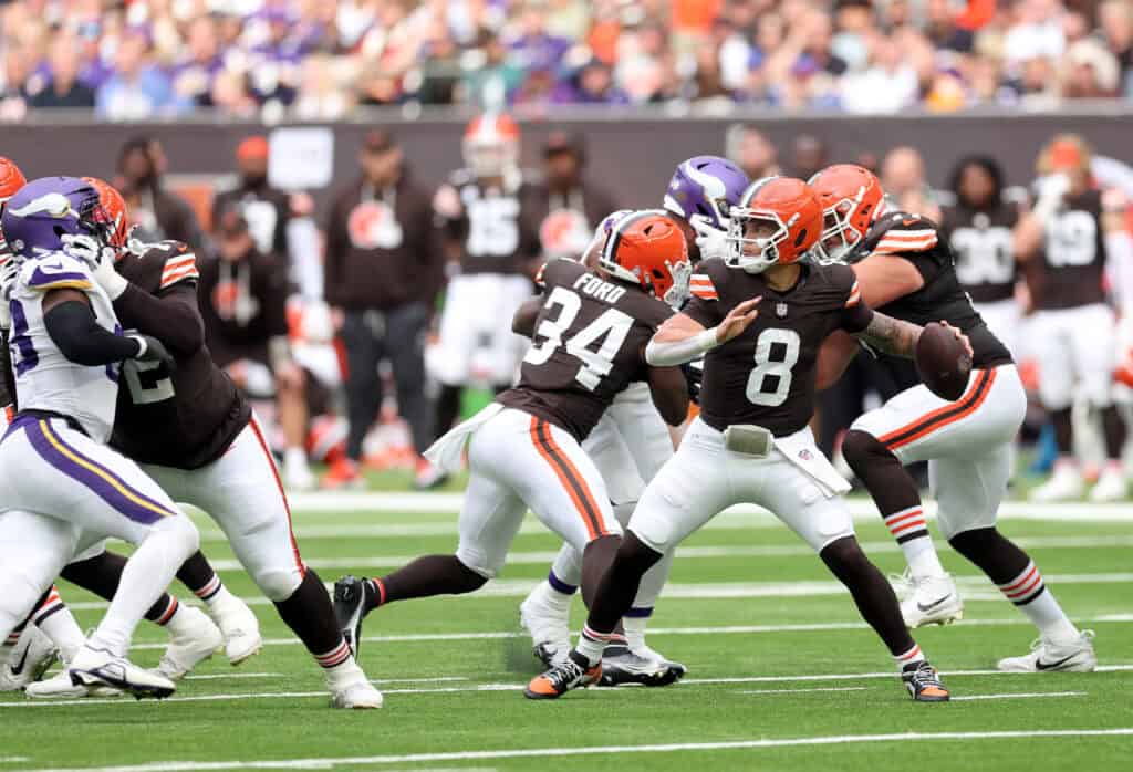 LONDON, ENGLAND - OCTOBER 05: Dillon Gabriel of the Cleveland Browns looks to throw a pass during the third quarter in the NFL 2025 game between Minnesota Vikings and Cleveland Browns at Tottenham Hotspur Stadium on October 05, 2025 in London, England.""