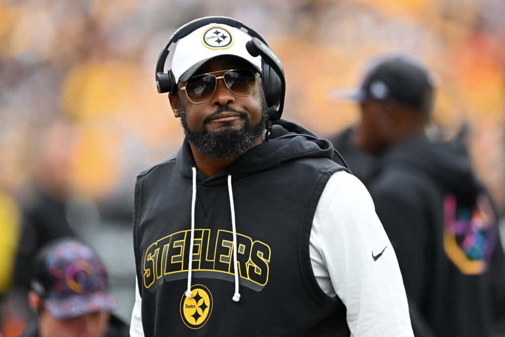PITTSBURGH, PENNSYLVANIA - OCTOBER 12: Head coach Mike Tomlin of the Pittsburgh Steelers looks on against the Cleveland Browns during the first half in the game at Acrisure Stadium on October 12, 2025 in Pittsburgh, Pennsylvania.