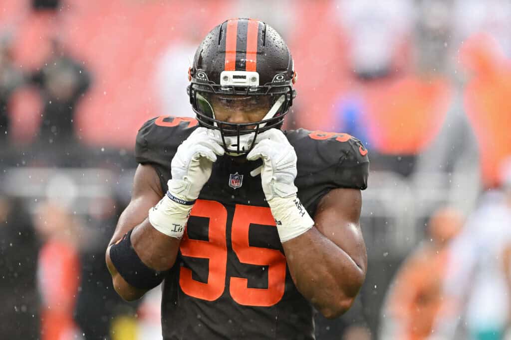 CLEVELAND, OHIO - OCTOBER 19: Myles Garrett #95 of the Cleveland Browns warms up prior to a game against the Miami Dolphins at Huntington Bank Field on October 19, 2025 in Cleveland, Ohio.
