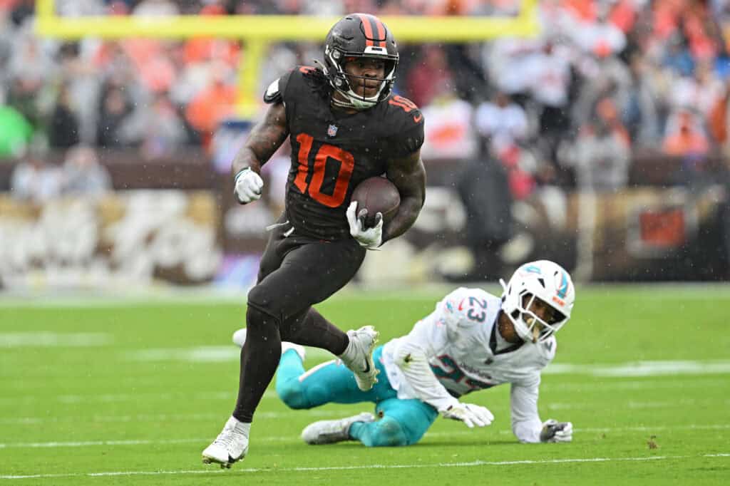 CLEVELAND, OHIO - OCTOBER 19: Quinshon Judkins #10 of the Cleveland Browns carries the ball against the Miami Dolphins during the first quarter of the game at Huntington Bank Field on October 19, 2025 in Cleveland, Ohio.