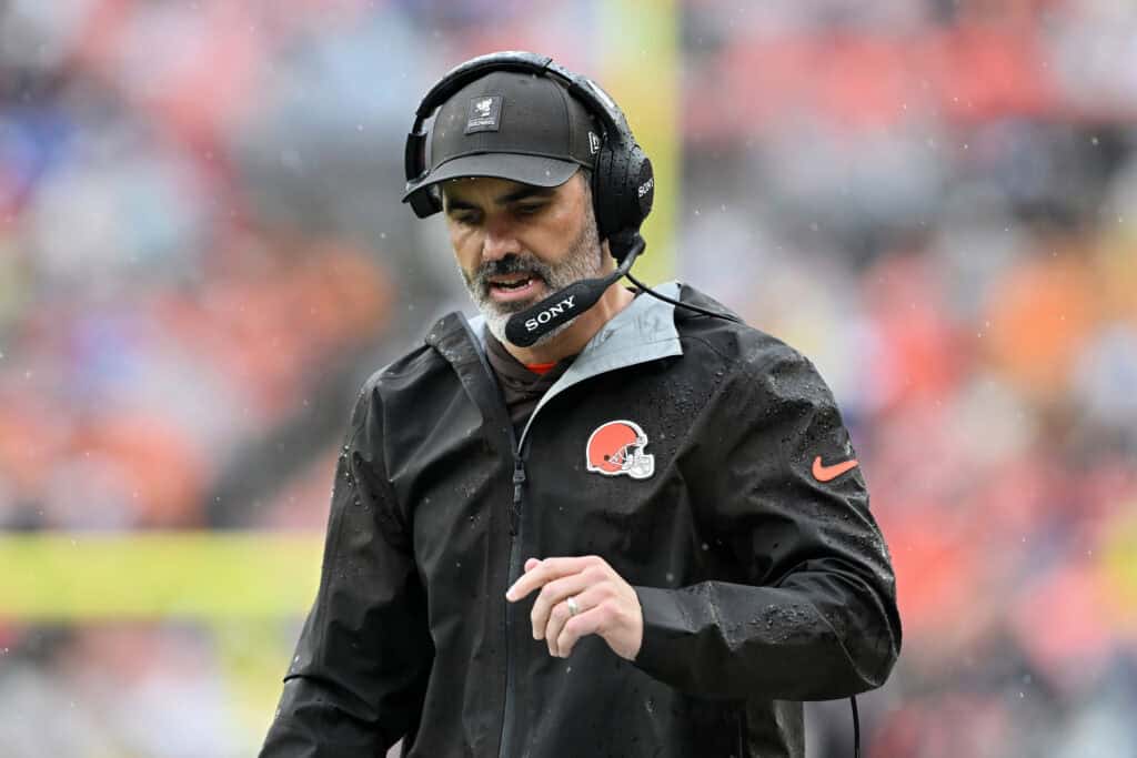 CLEVELAND, OHIO - OCTOBER 19: Head coach Kevin Stefanski of the Cleveland Browns looks on against the Miami Dolphins during the first quarter of the game at Huntington Bank Field on October 19, 2025 in Cleveland, Ohio.