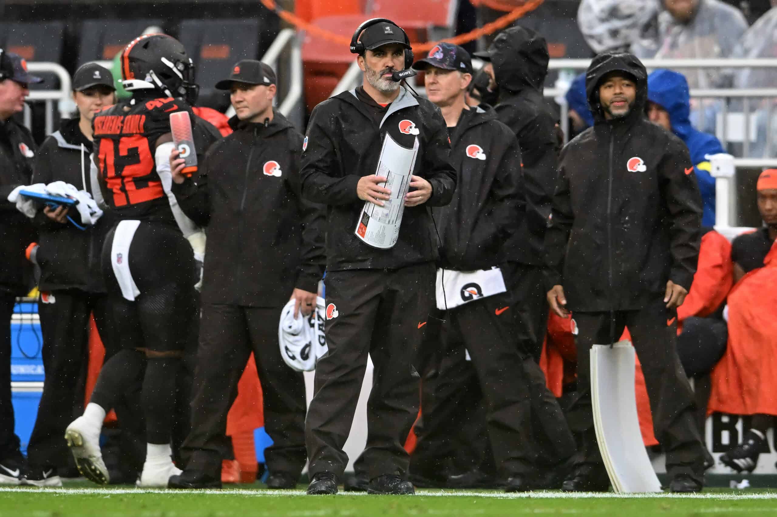 CLEVELAND, OHIO - OCTOBER 19: Head coach Kevin Stefanski of the Cleveland Browns looks on against the Miami Dolphins during the first half of the game at Huntington Bank Field on October 19, 2025 in Cleveland, Ohio.