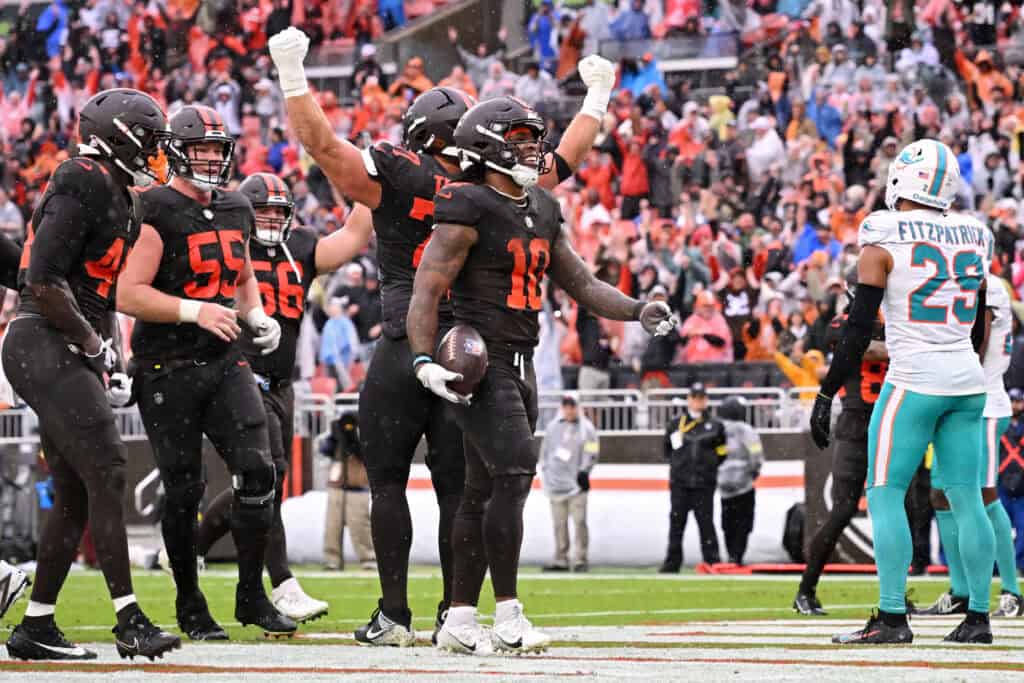 CLEVELAND, OHIO - OCTOBER 19: Quinshon Judkins #10 of the Cleveland Browns celebrates after rushing for a touchdown against the Miami Dolphins during the second quarter of the game at Huntington Bank Field on October 19, 2025 in Cleveland, Ohio.