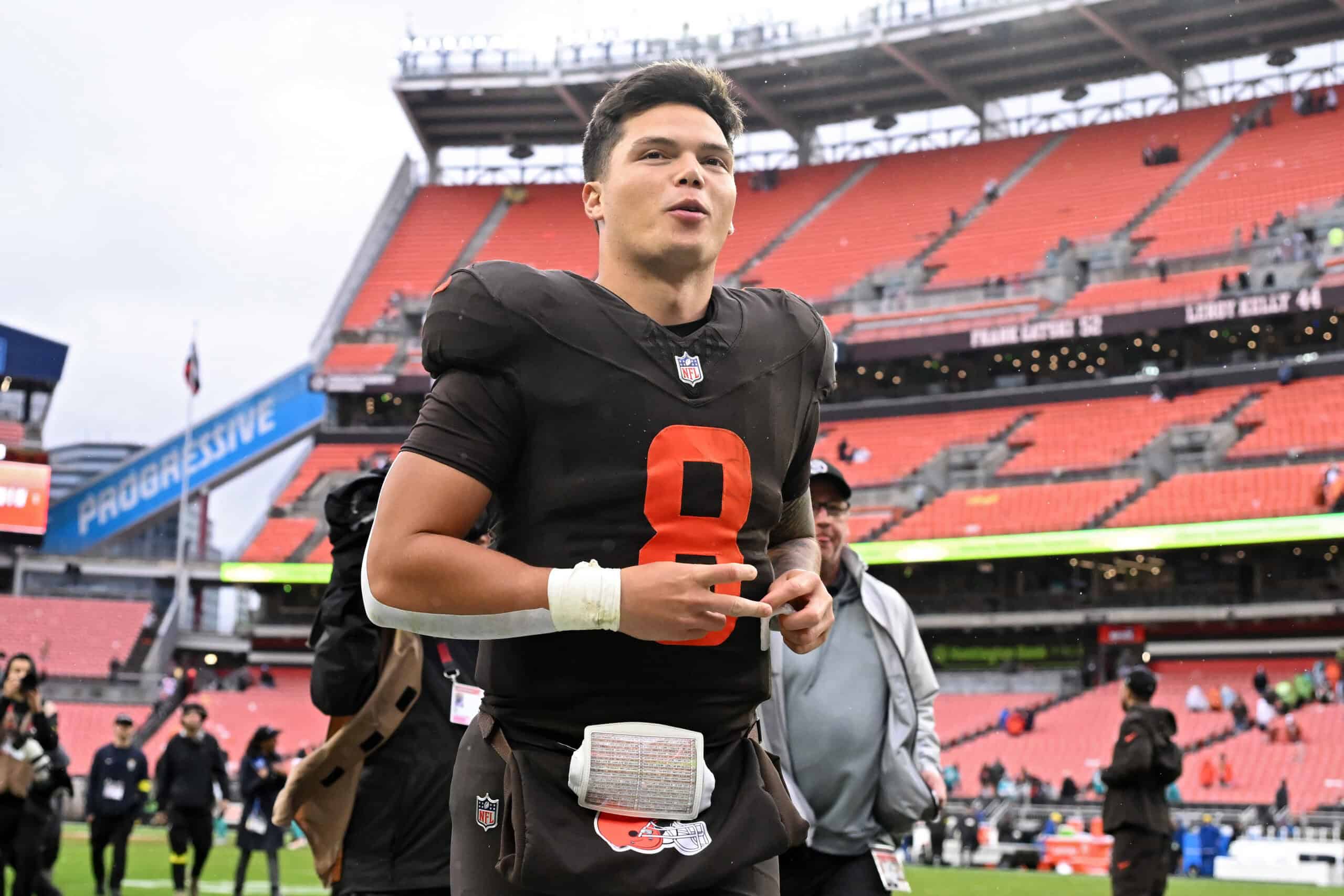 CLEVELAND, OHIO - OCTOBER 19: Dillon Gabriel #8 of the Cleveland Browns runs off the field after defeating the Miami Dolphins at Huntington Bank Field on October 19, 2025 in Cleveland, Ohio.