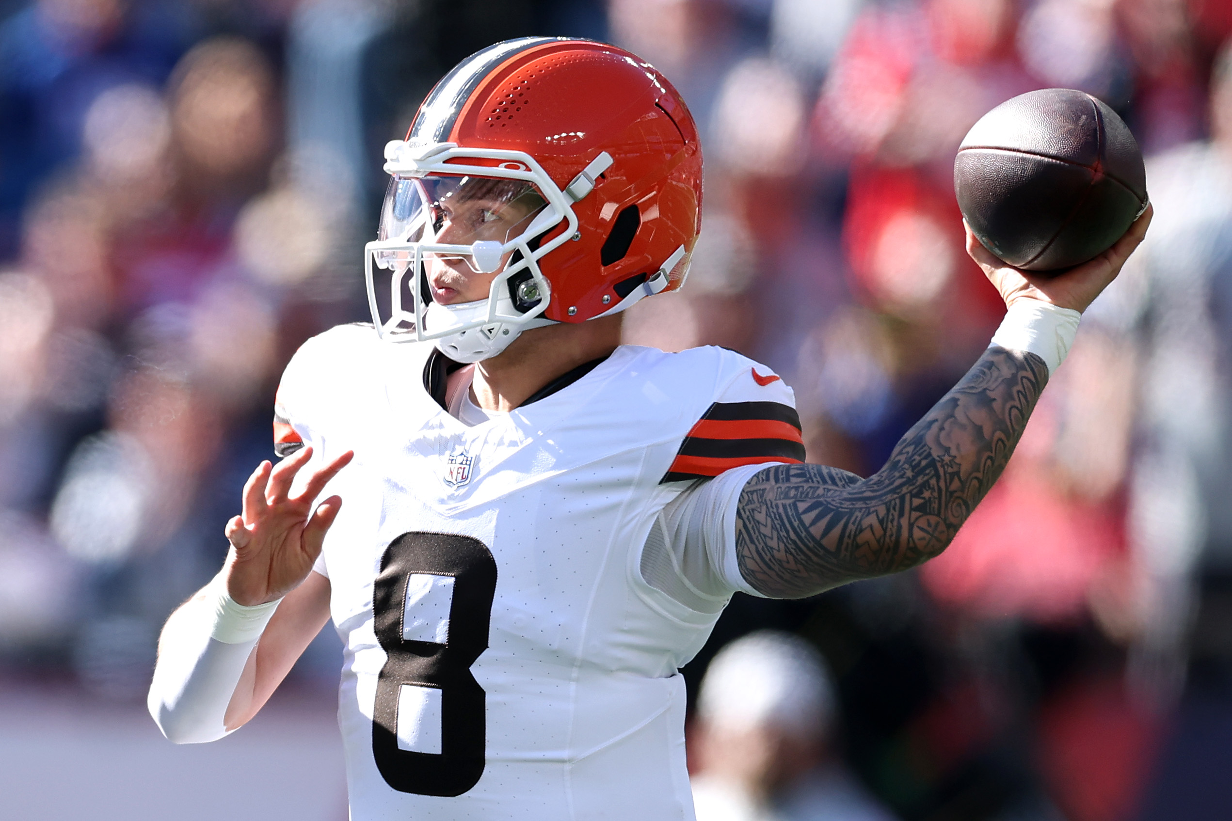 FOXBOROUGH, MASSACHUSETTS - OCTOBER 26: Dillon Gabriel #8 of the Cleveland Browns passes the ball against the New England Patriots during the first quarter in the game at Gillette Stadium on October 26, 2025 in Foxborough, Massachusetts.