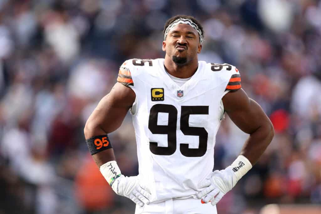 FOXBOROUGH, MASSACHUSETTS - OCTOBER 26: Myles Garrett #95 of the Cleveland Browns looks on during the second quarter in the game against the New England Patriots at Gillette Stadium on October 26, 2025 in Foxborough, Massachusetts